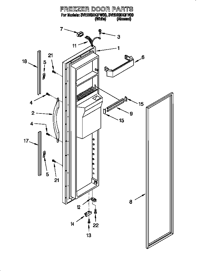 Whirlpool 3VED23DQFN00 freezer door diagram