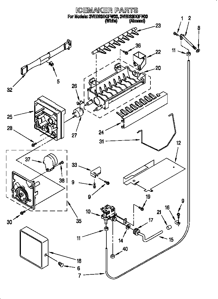 Whirlpool 3VED23DQFN00 ice maker diagram