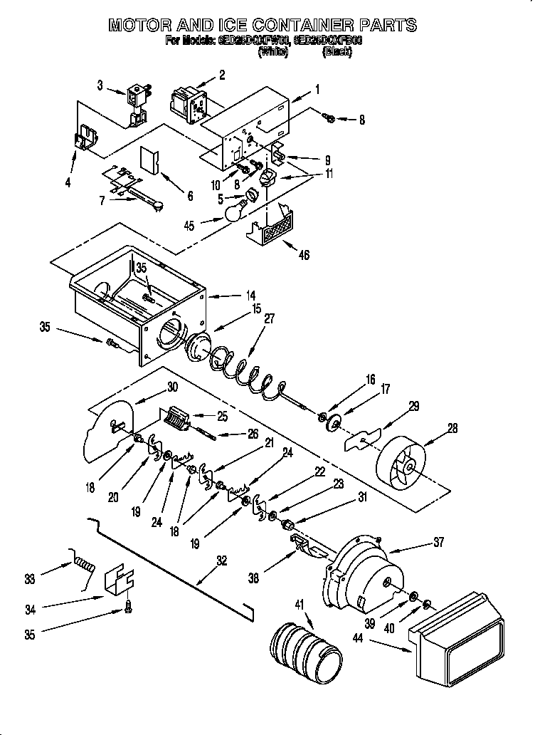 Whirlpool 6ED25DQXFW00 motor and ice container diagram