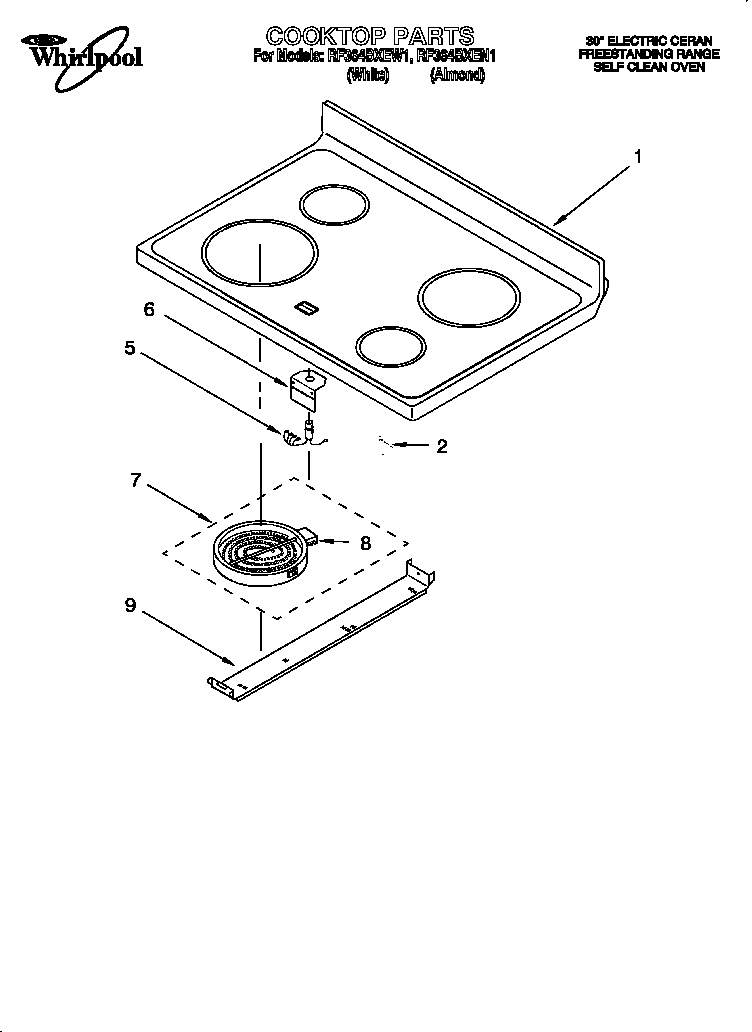 Whirlpool RF364BXEW1 cooktop diagram
