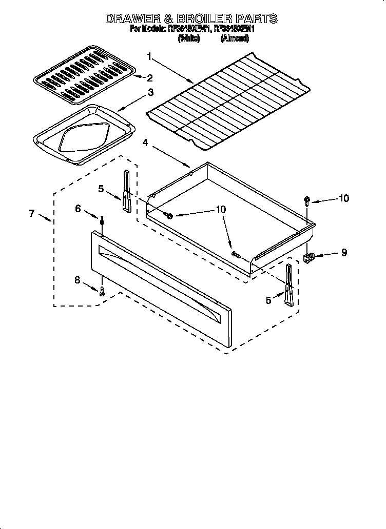 Whirlpool RF364BXEW1 drawer and broiler diagram