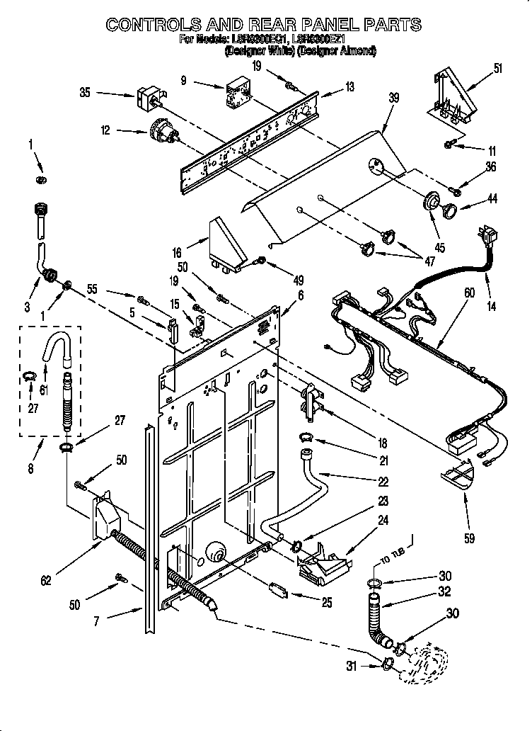 Whirlpool LSR8300EZ1 controls and rear panel diagram