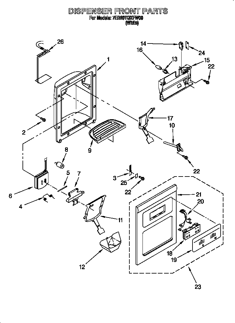 Whirlpool 7ED20TQXFW00 dispenser front diagram