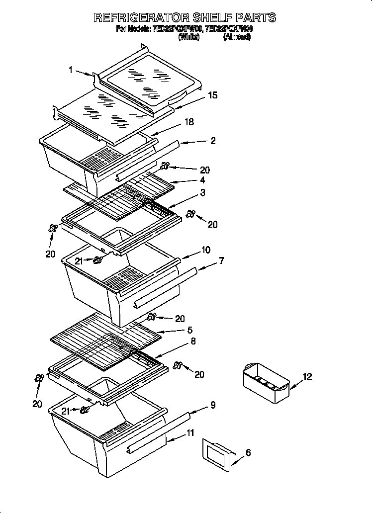 Whirlpool 7ED22PQXFW00 refrigerator shelf diagram