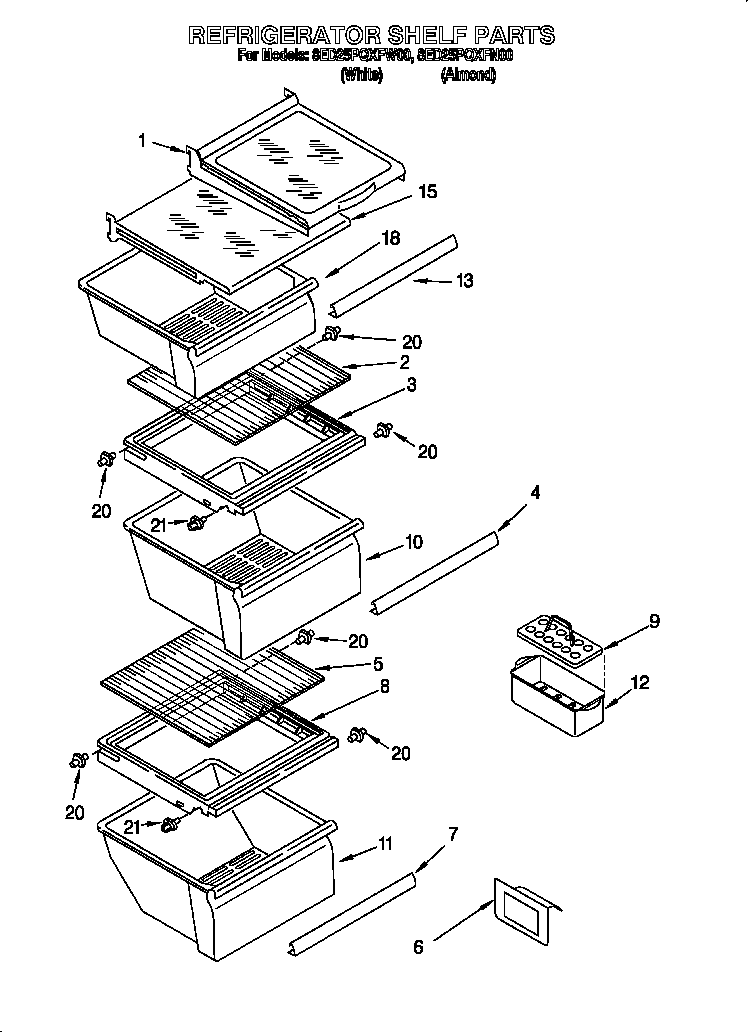 Whirlpool 8ED25PQXFW00 refrigerator shelf diagram