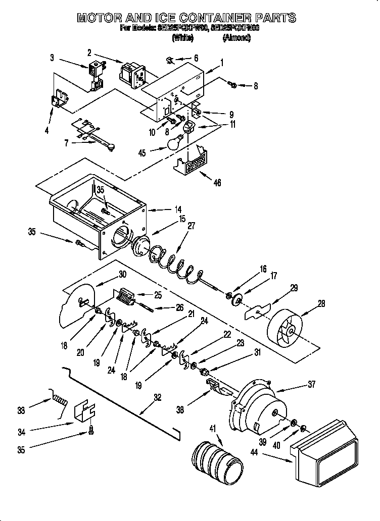 Whirlpool 8ED25PQXFW00 motor and ice container diagram