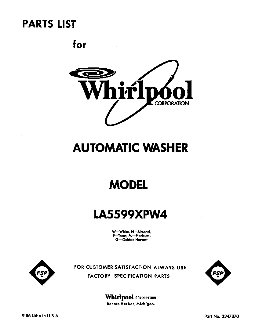 Whirlpool LA5599XPW4 front cover diagram