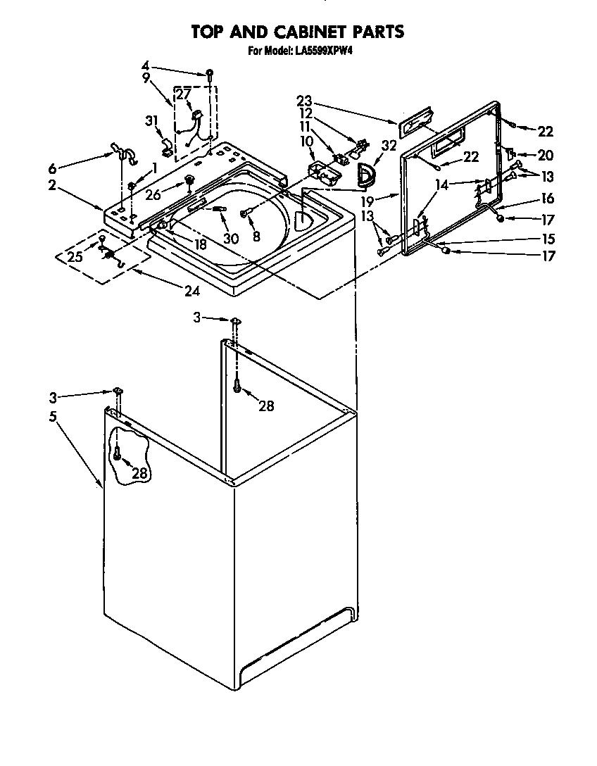 Whirlpool LA5599XPW4 top and cabinet diagram