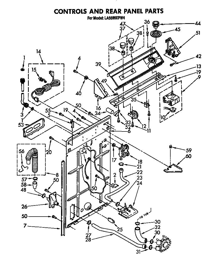 Whirlpool LA5599XPW4 controls and rear panel diagram