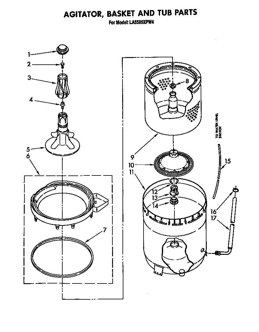 Whirlpool LA5599XPW4 agitator, basket and tube diagram