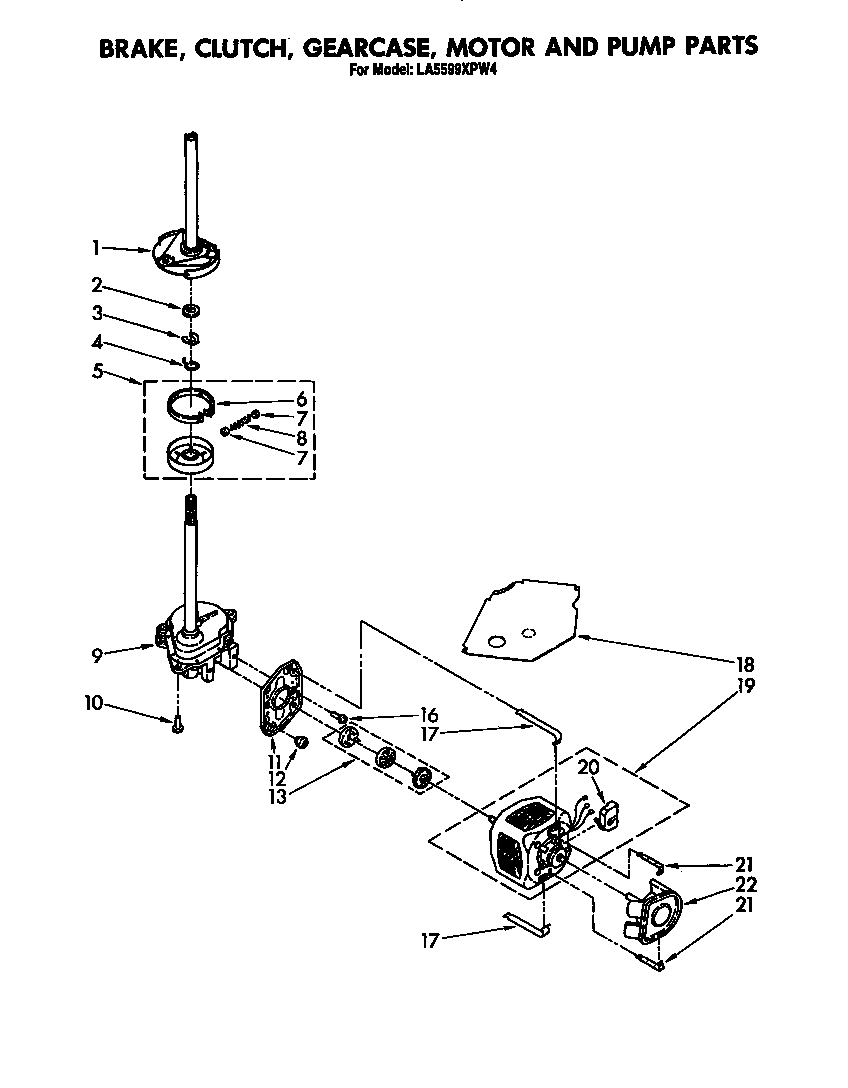 Whirlpool LA5599XPW4 brake, clutch, gearcase, motor and pump diagram