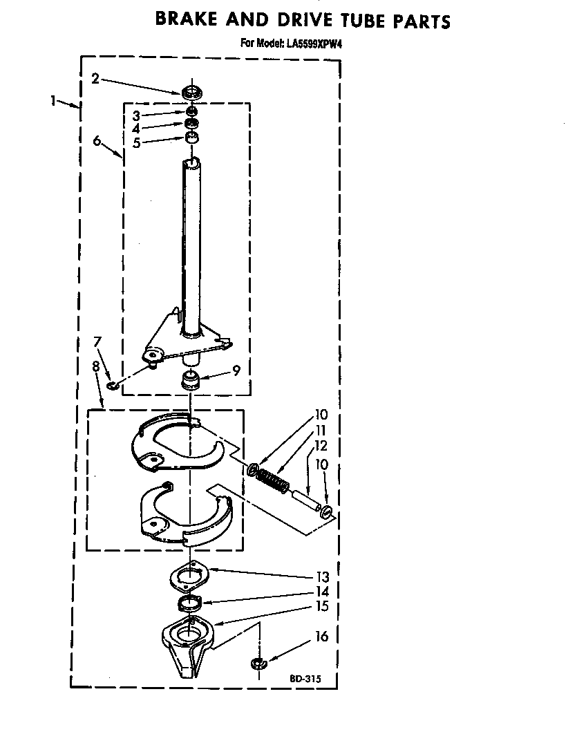 Whirlpool LA5599XPW4 brake and drive tube diagram