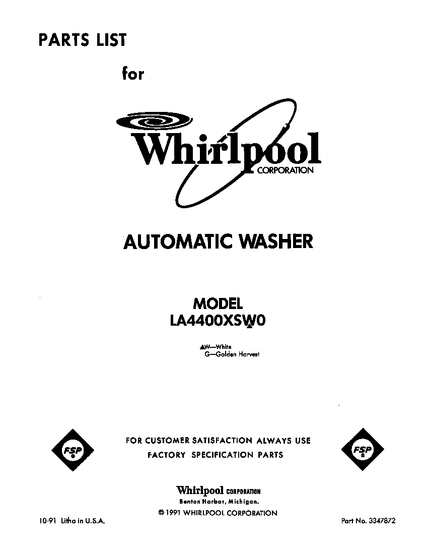 Whirlpool LA4400XSW0 front cover diagram