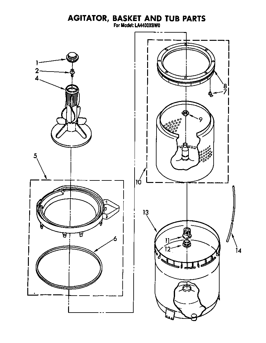 Whirlpool LA4400XSW0 agitator, basket and tub diagram