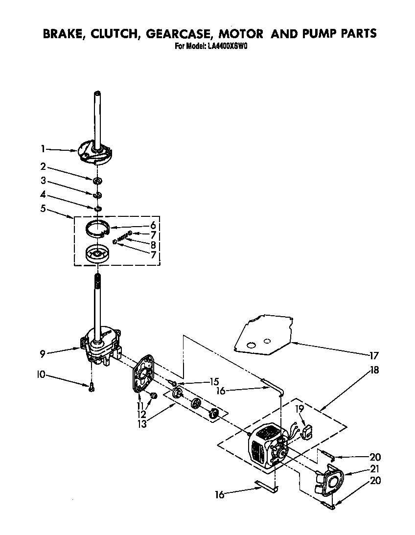 Whirlpool LA4400XSW0 brake, clutch, gearcase, motor and pump diagram