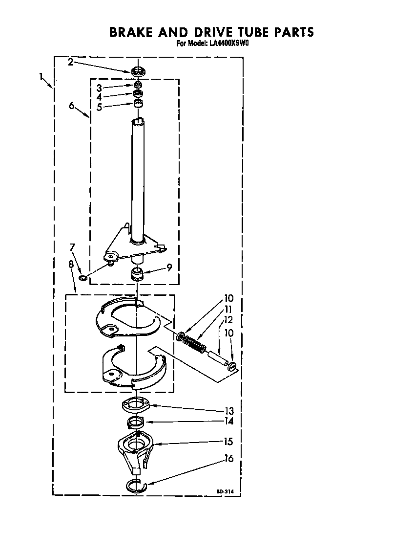 Whirlpool LA4400XSW0 brake and drive tube diagram
