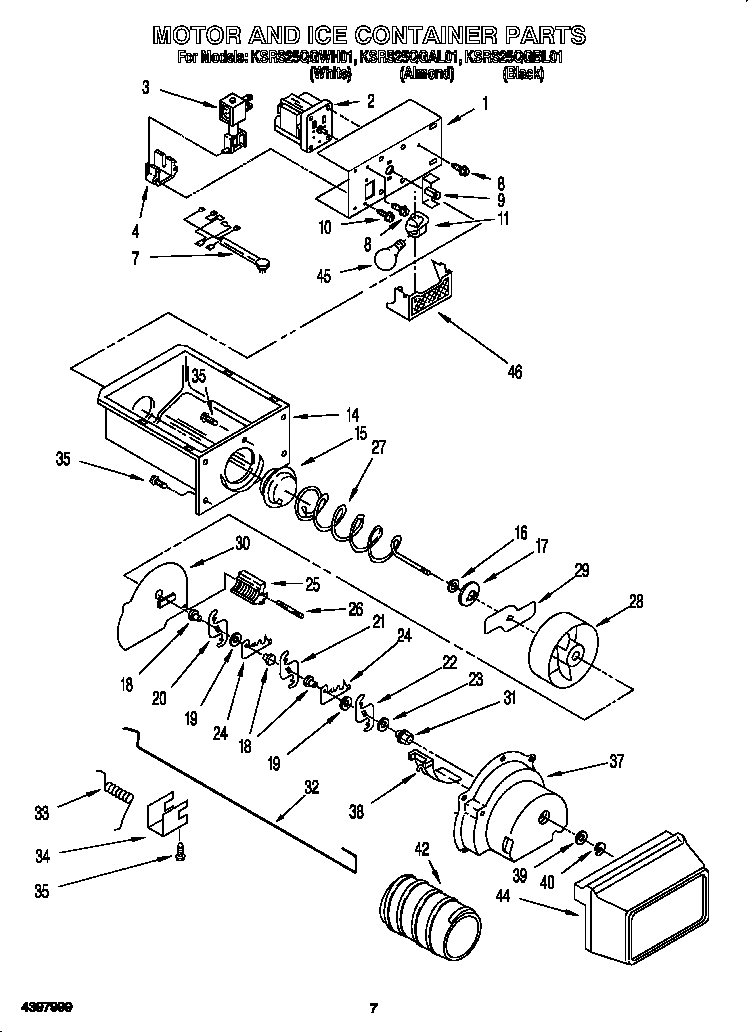KitchenAid KSRS25QGWH01 motor and ice container diagram