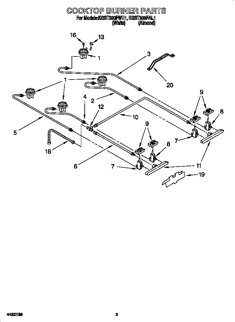 KitchenAid KGST300FWH1 cooktop burner diagram