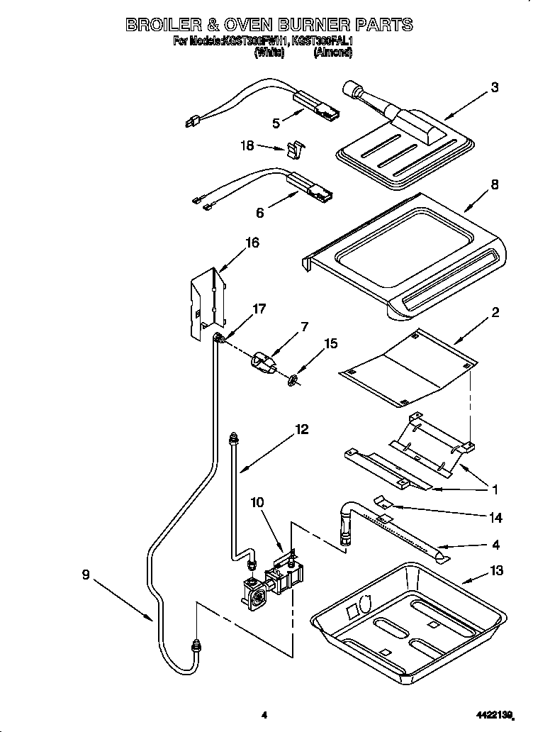 KitchenAid KGST300FWH1 broiler and oven burner diagram