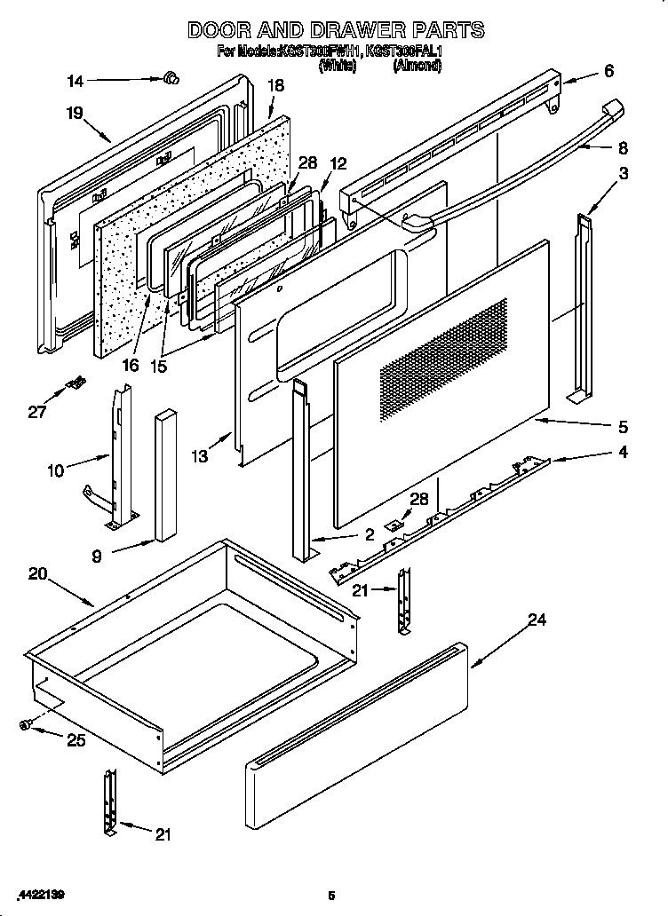 KitchenAid KGST300FWH1 door and drawer diagram