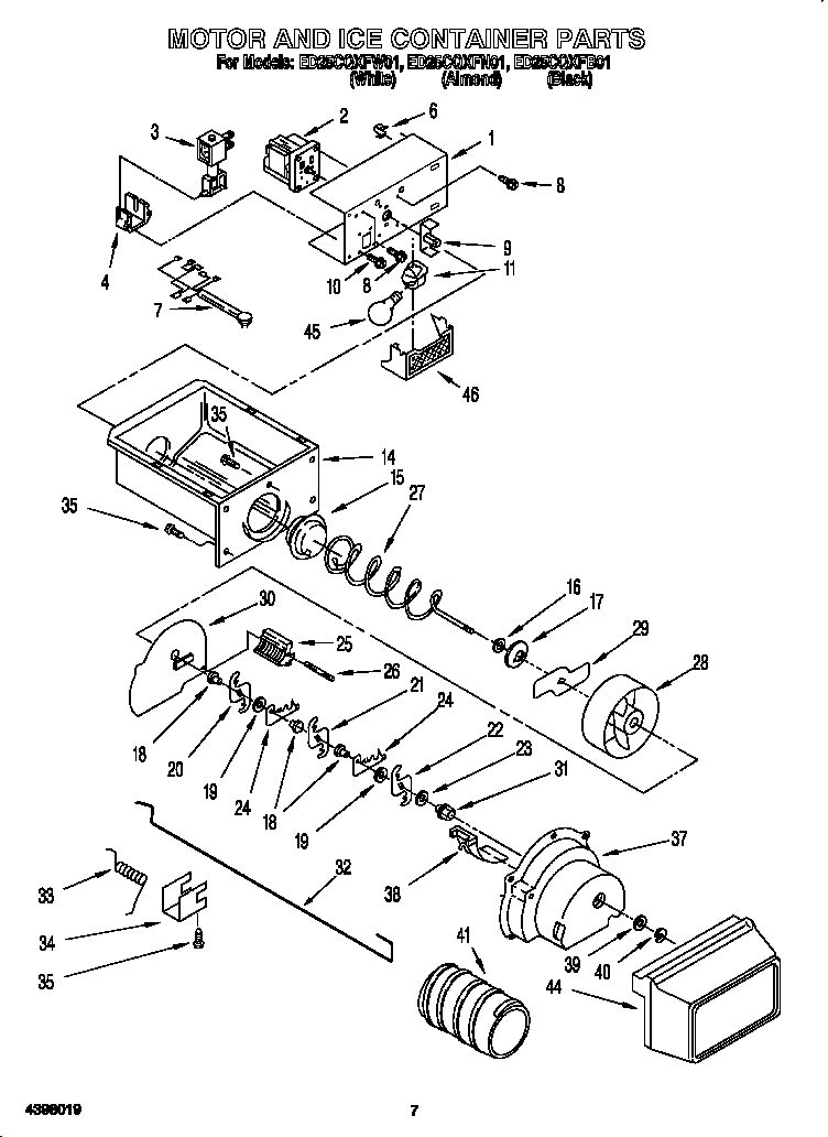 Whirlpool ED25CQXFN01 motor and ice container diagram