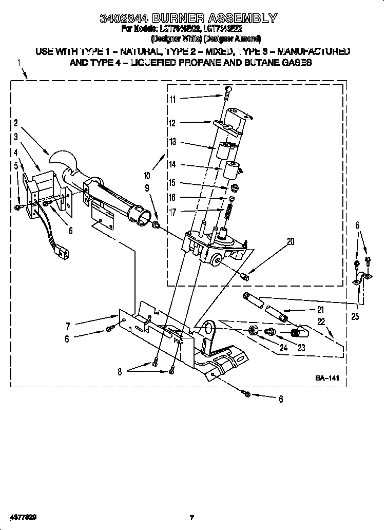 Whirlpool LGT7646EZ2 3402844 burner assembly diagram