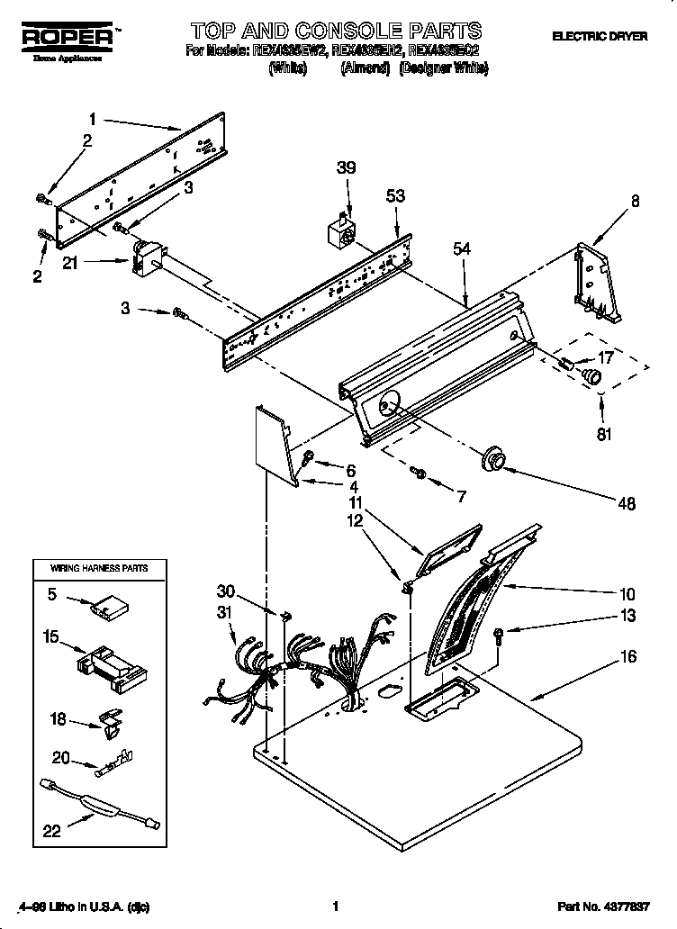Roper REX4635EW2 top and console diagram