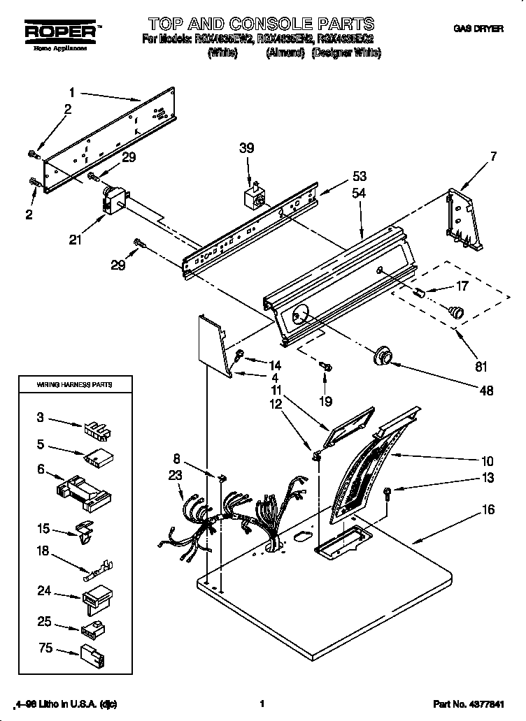 Roper RGX4635EQ2 top and console diagram
