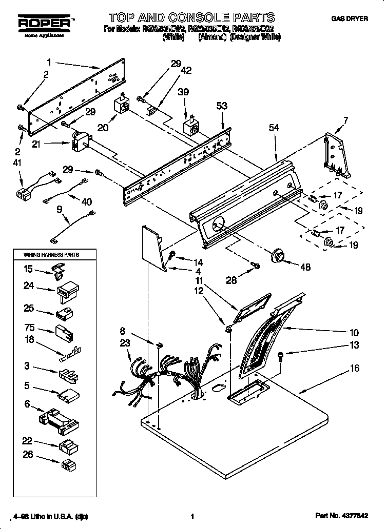 Roper RGX5635EW2 top and console diagram