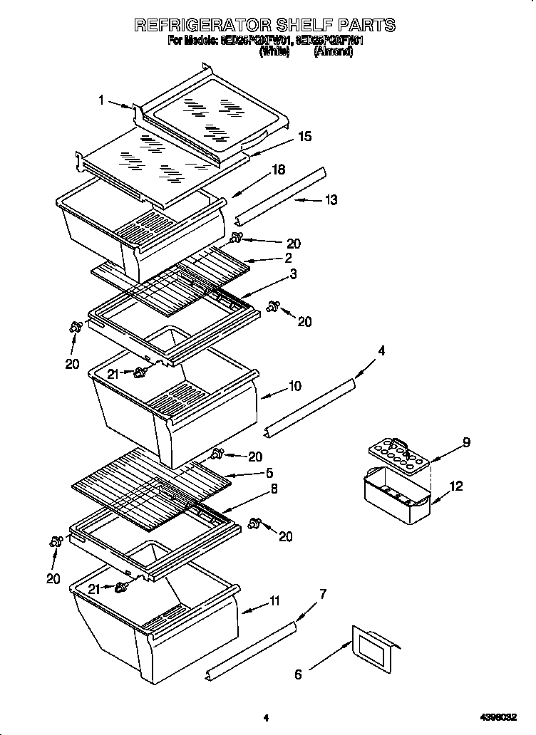Whirlpool 8ED25PQXFW01 refrigerator shelf diagram