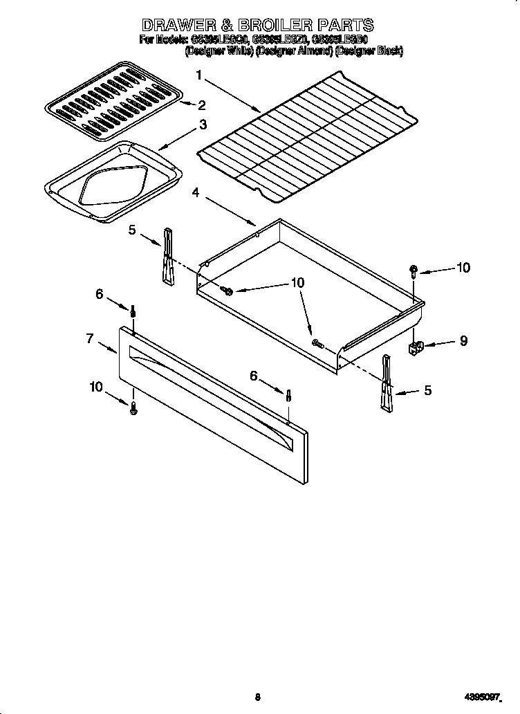 Whirlpool GS395LEGZ0 drawer and broiler diagram