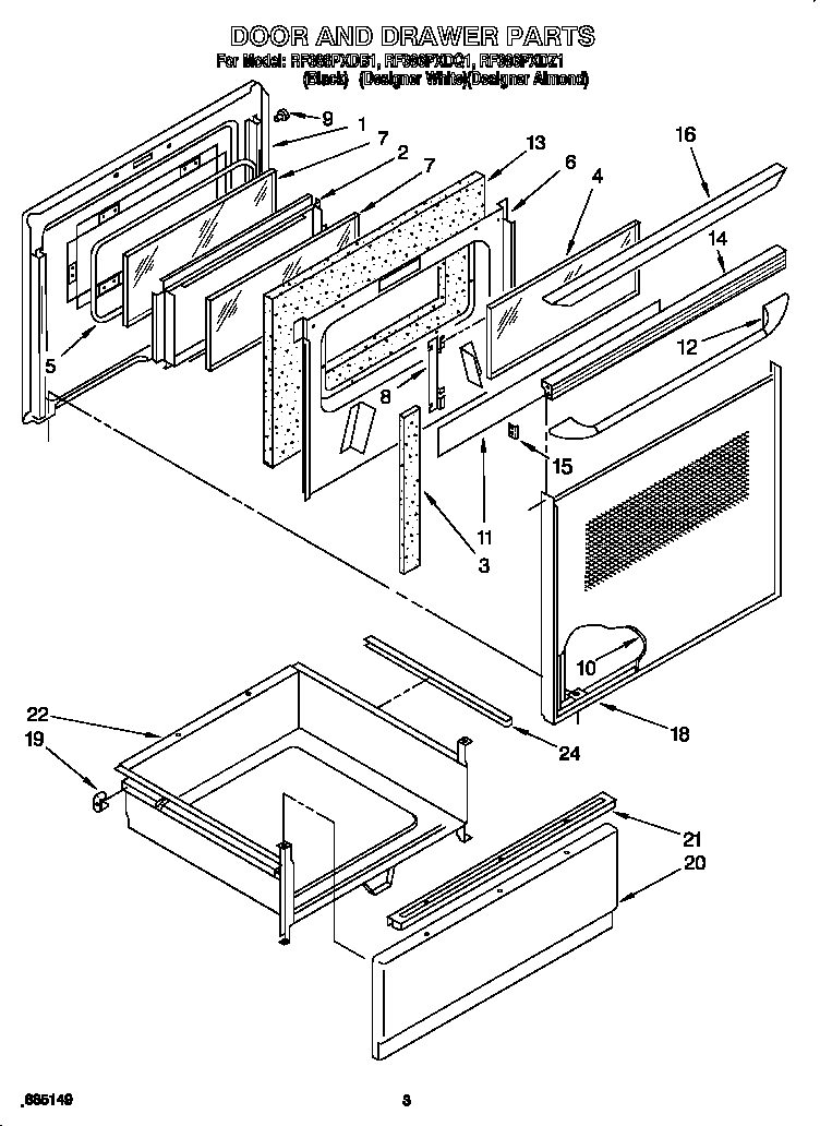Whirlpool RF386PXDB1 door and drawer diagram