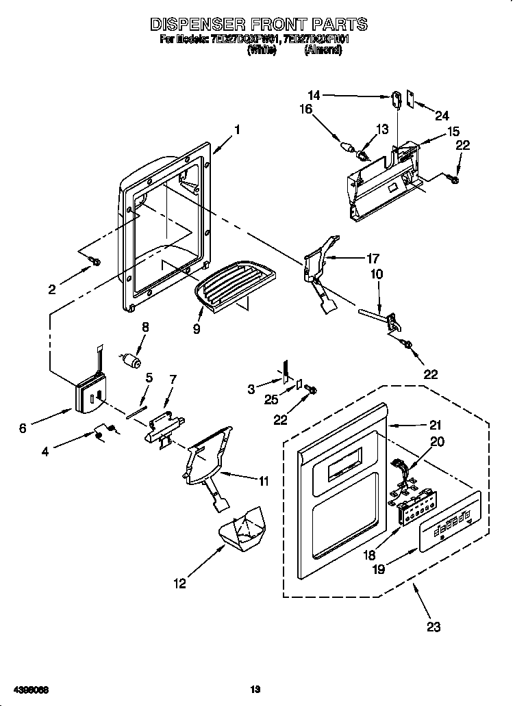 Whirlpool 7ED27DQXFW01 dispenser front diagram