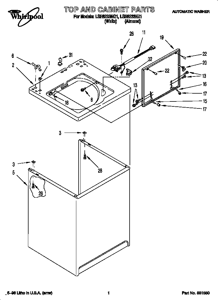 Whirlpool LSR8233EQ1 top and cabinet diagram