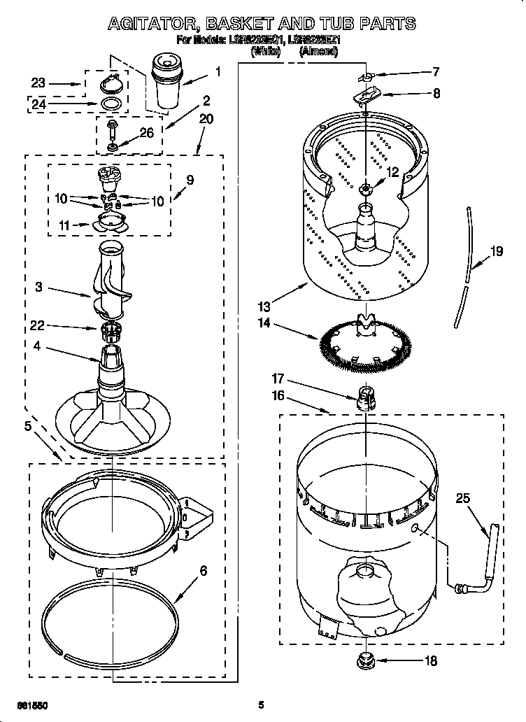 Whirlpool LSR8233EQ1 agitator, basket and tub diagram