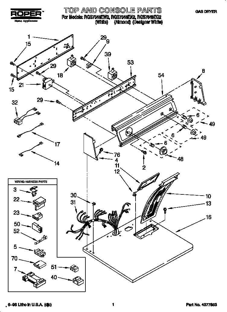 Roper RGS7648EQ2 top and console diagram