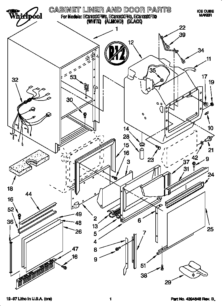 Whirlpool EC5100XFB0 cabinet liner and door diagram