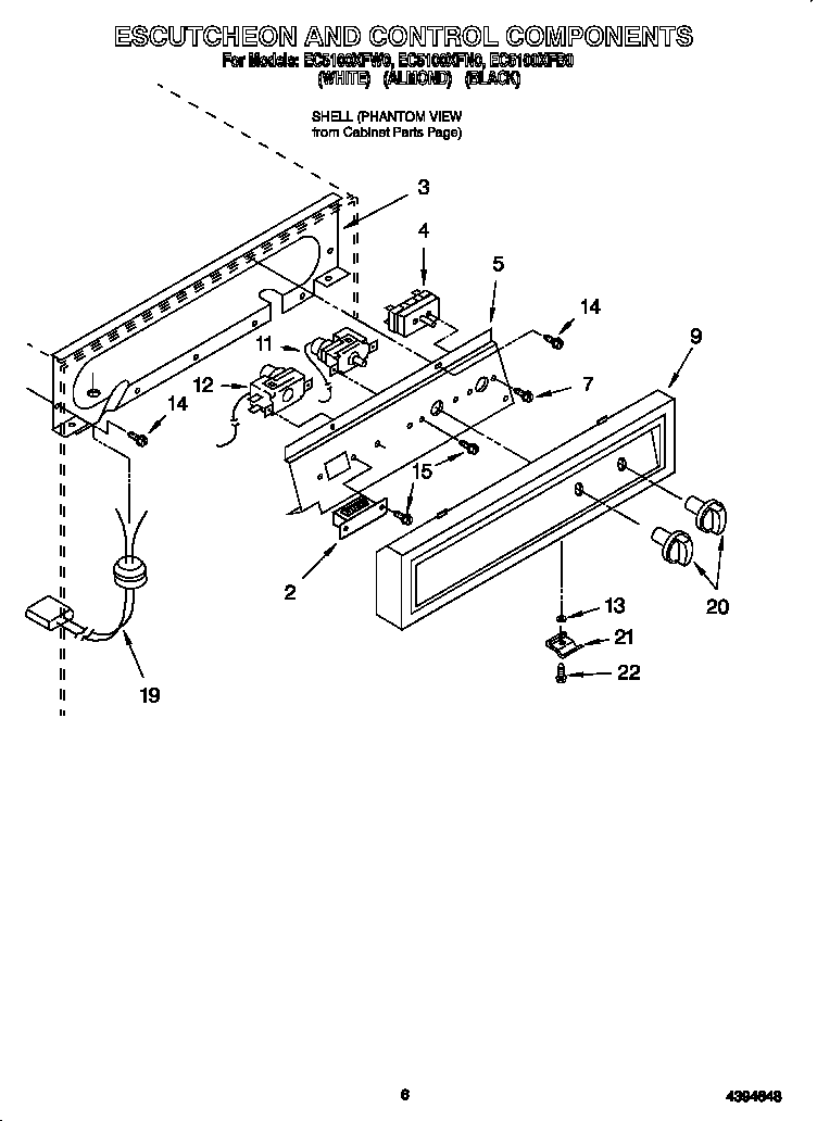Whirlpool EC5100XFB0 escutcheon and control components diagram