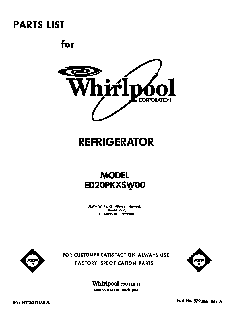 Whirlpool ED20PKXSN00 front cover diagram