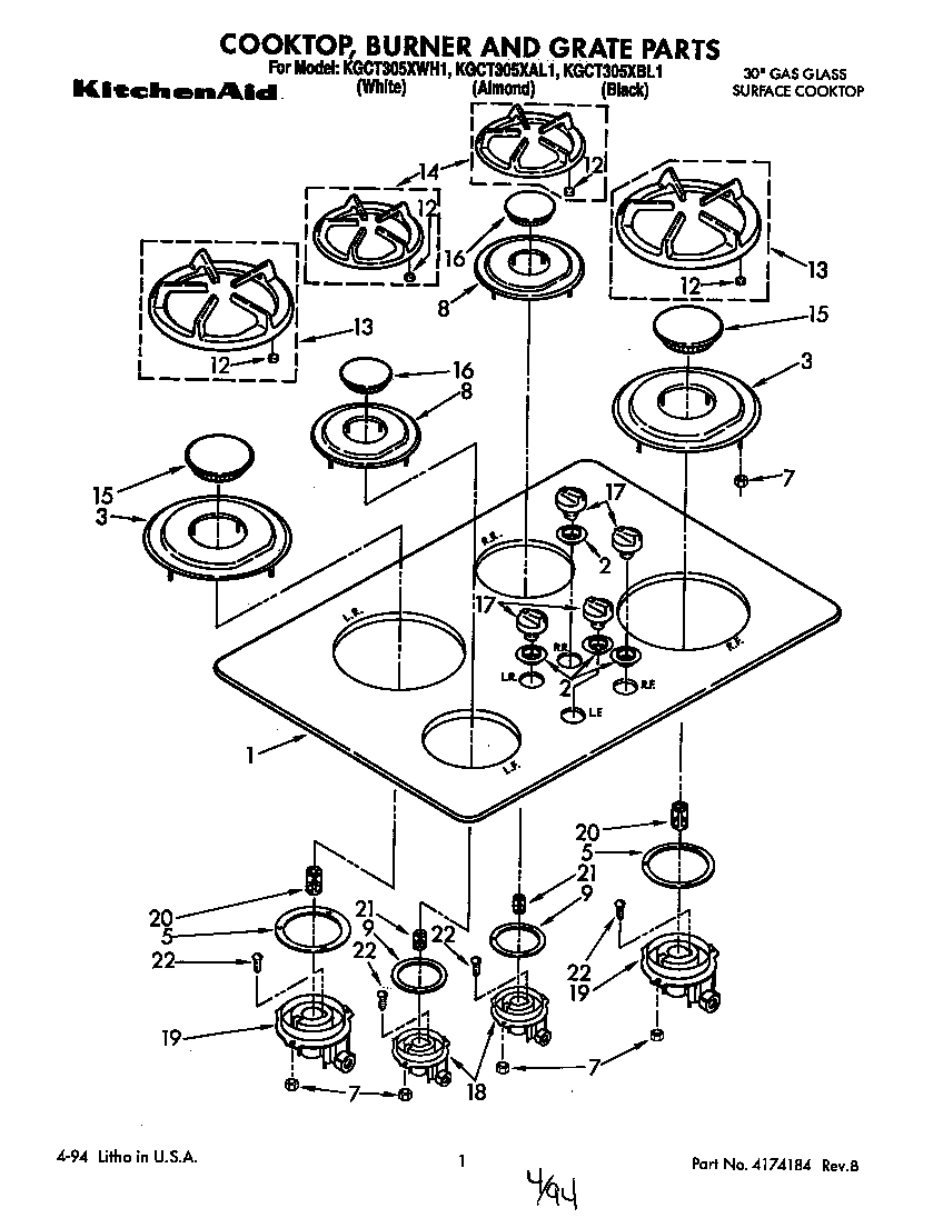 KitchenAid KGCT305XWH1 cooktop, burner and grate parts diagram