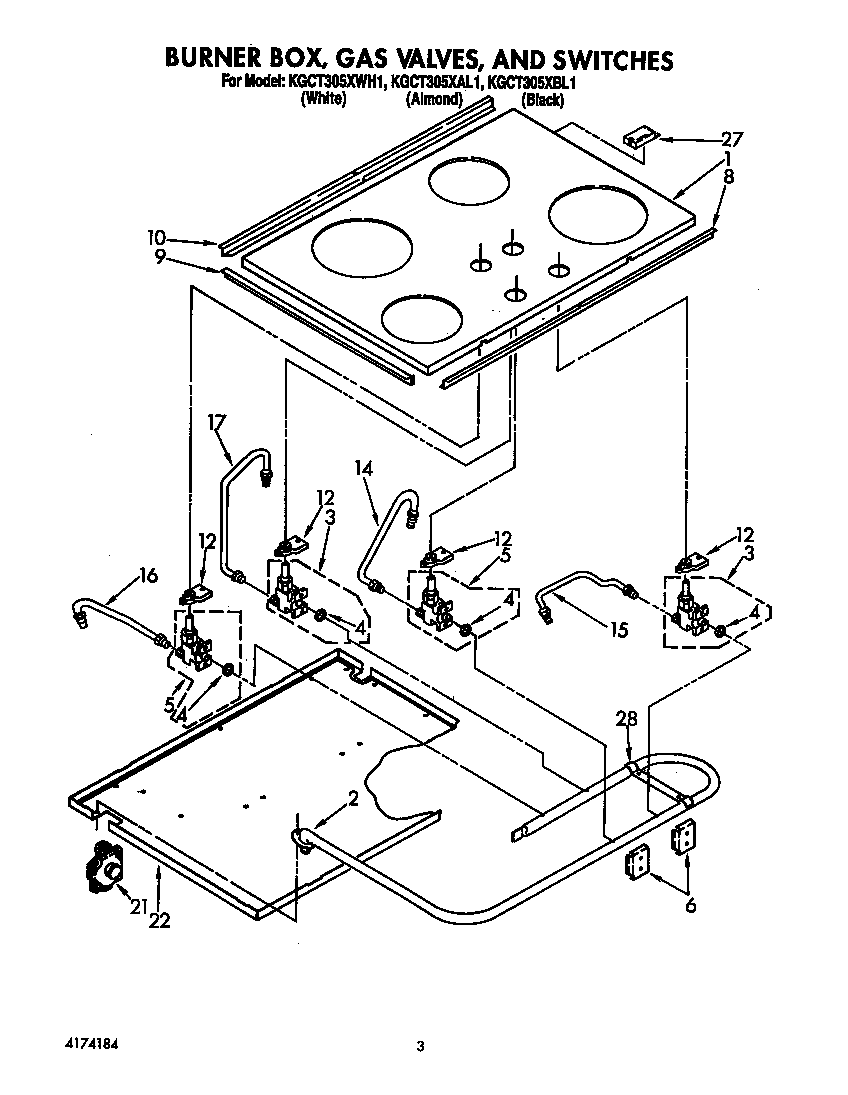 KitchenAid KGCT305XWH1 burner box, gas valves, switches diagram