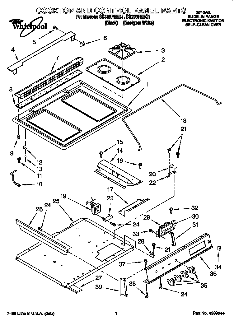 Whirlpool SS385PEEB1 cooktop and control panel diagram