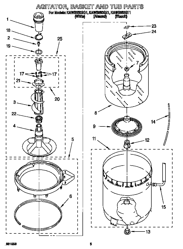 KitchenAid KAWS850GZ1 agitator, basket and tub diagram