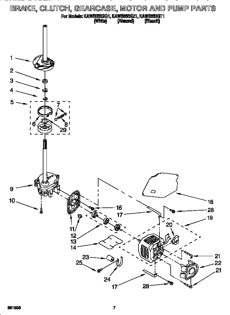 KitchenAid KAWS850GZ1 brake, clutch, gearcase, motor and pump diagram