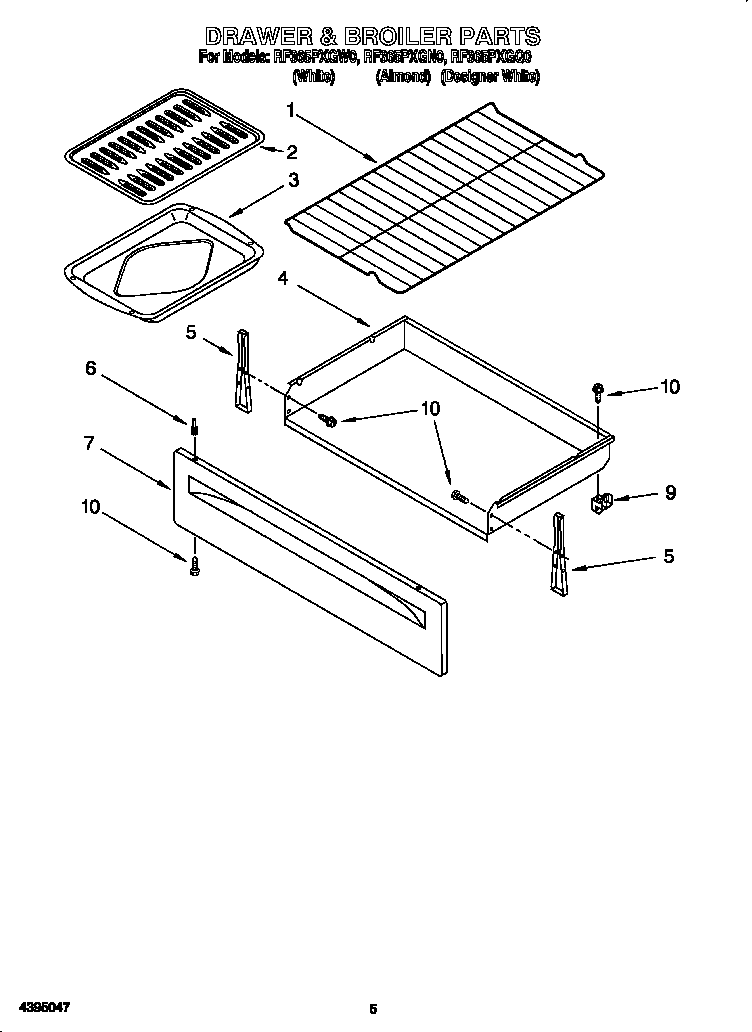 Whirlpool RF365PXGN0 drawer & broiler diagram