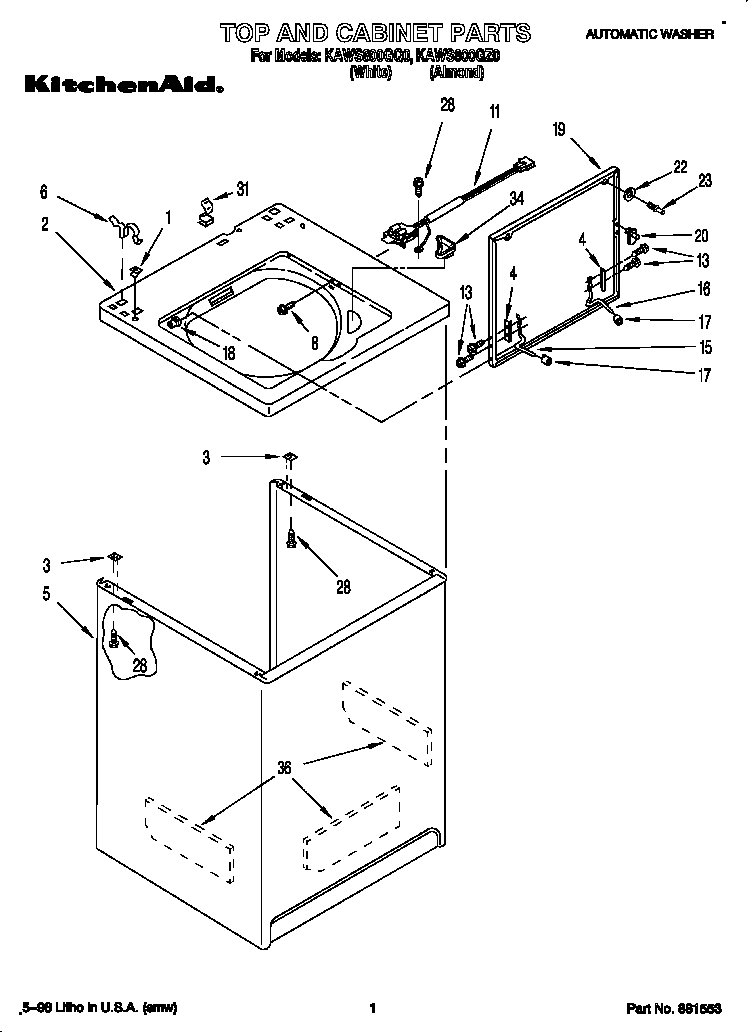 KitchenAid KAWS800GZ0 top and cabinet diagram