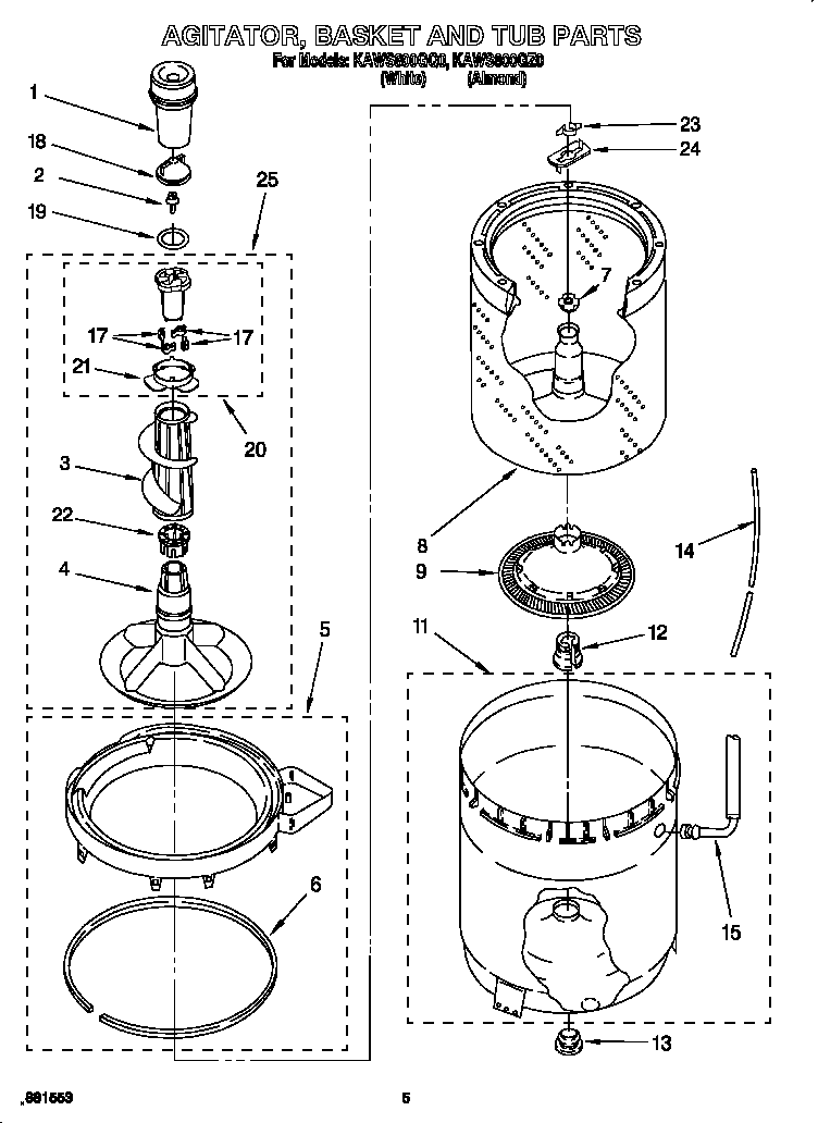 KitchenAid KAWS800GZ0 agitator, basket and tub diagram
