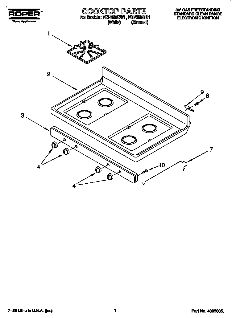 Roper FGP325GN1 cooktop diagram