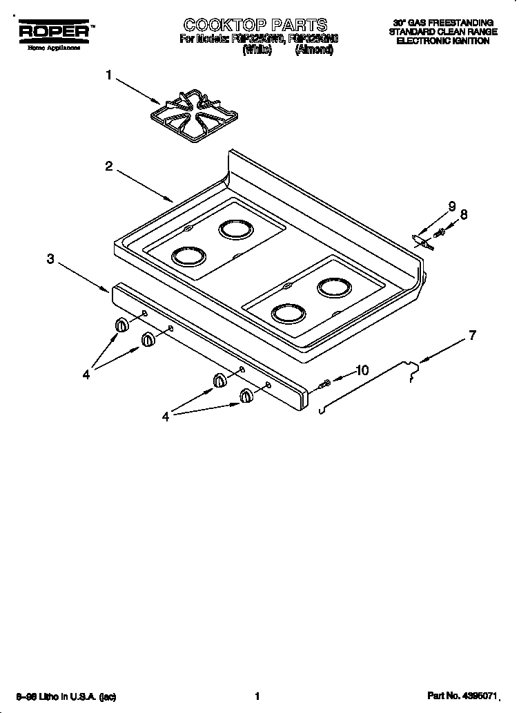 Roper FGP325GN0 cooktop diagram