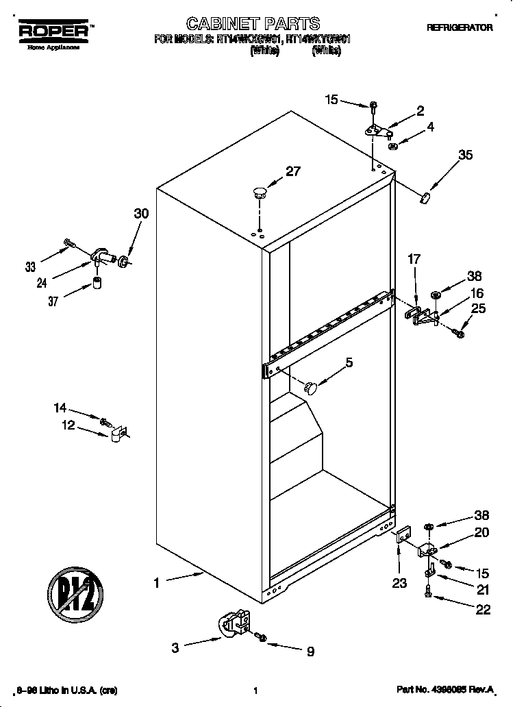Roper RT14WKXGW01 cabinet diagram